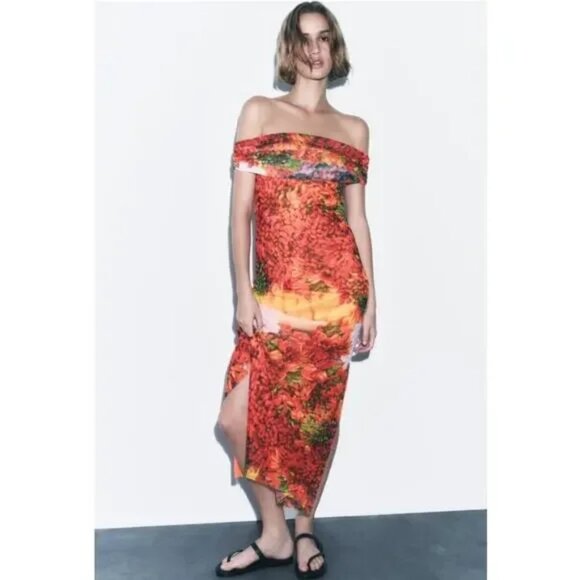 Zara Dresses & Skirts - NWOT Zara Off-the-Shoulder Tulle Chili Print Maxi Dress